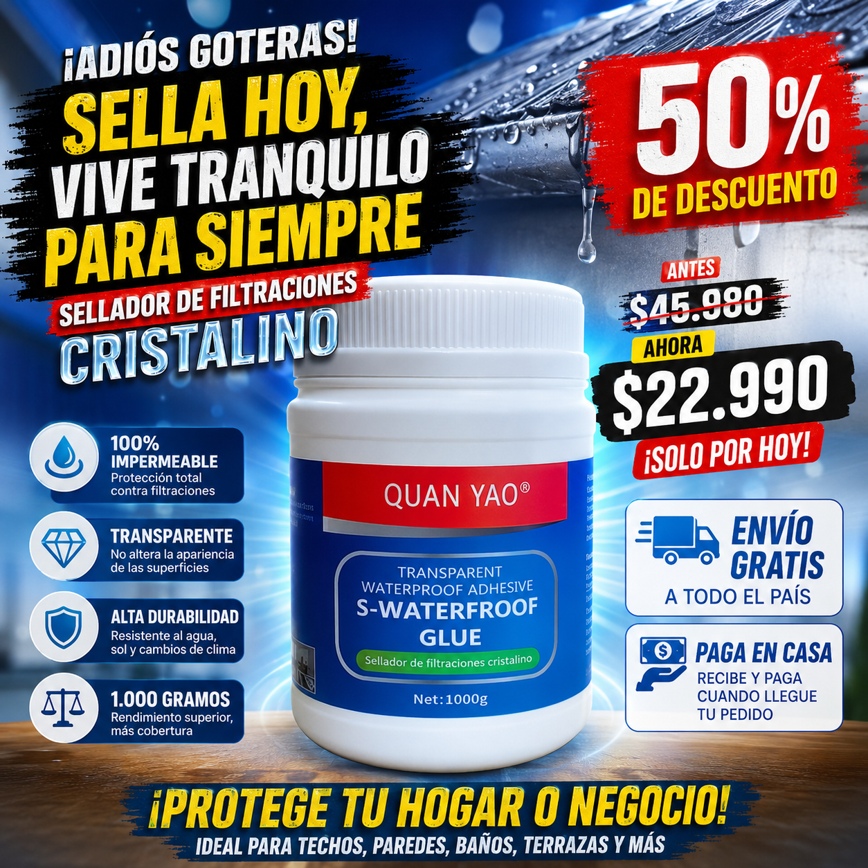 HydroFix™ — Sellador Adhesivo Impermeable Cristal, Protección Permanente Contra Goteras